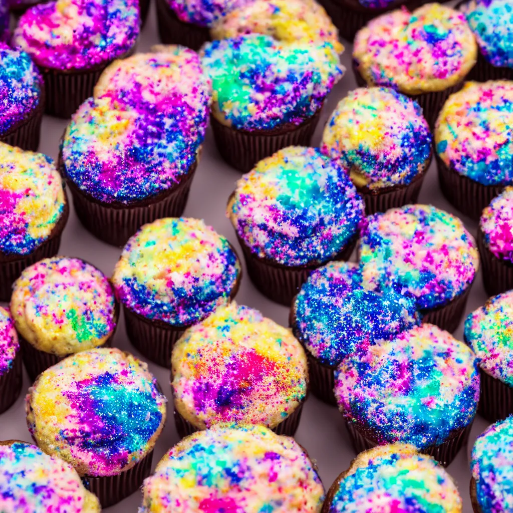 Image similar to macro photo of galaxy cupcakes with creme topping, photorealistic, dynamic lighting, bokeh, Canon 85mm vintage lens