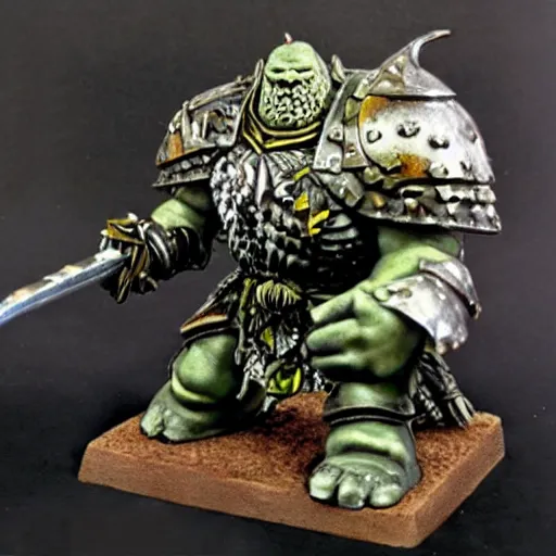 Image similar to ogre warrior wearing plated armor who is holding a battle axe in the style of warhammer fantasy : : head and torso oil painting