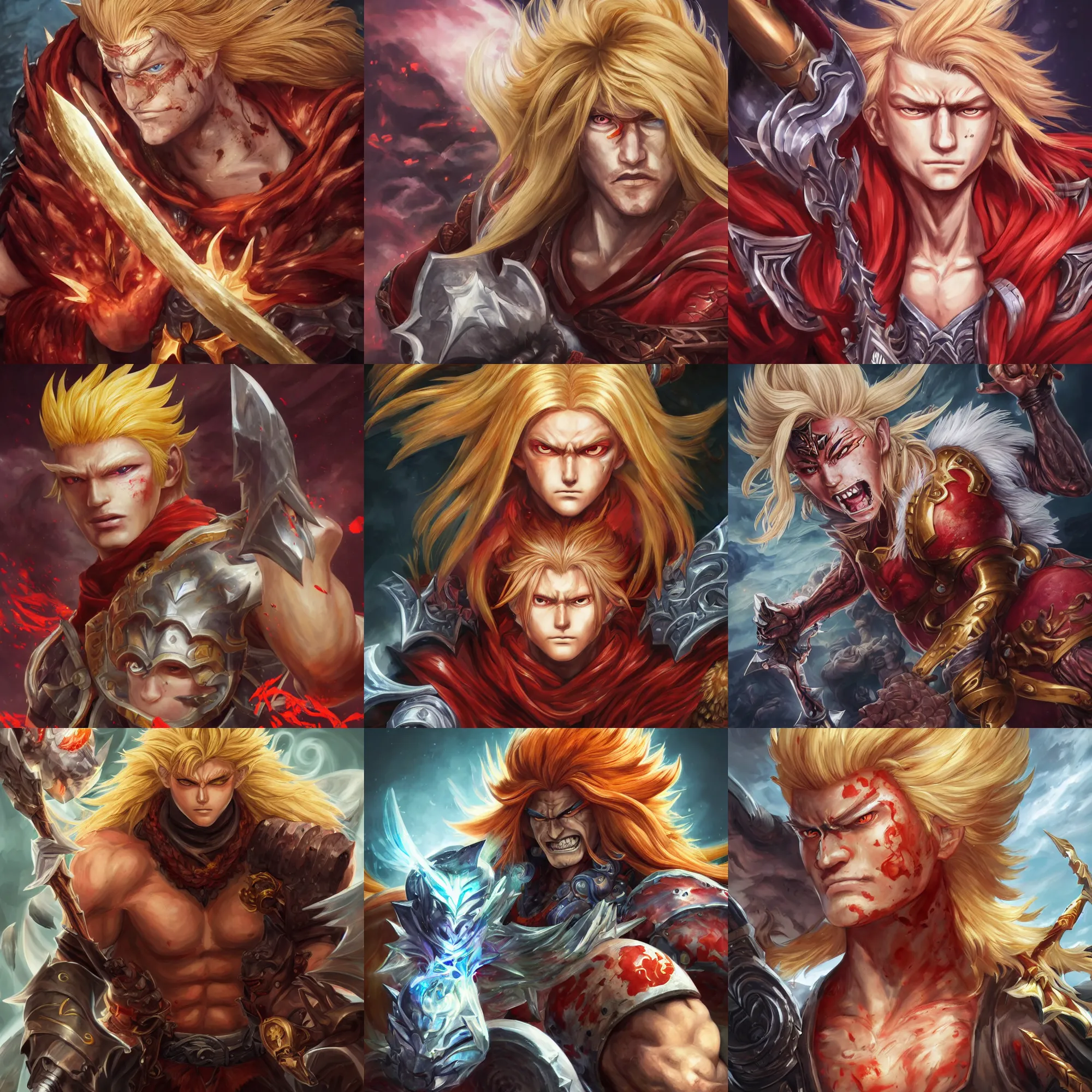 Prompt: a portrait painting of a single moba antihero character with red skin, long blonde hair, runic tattos, golden eyes, berserk, artwork by hiroaki and shinkiro and alex flores and yusuke murata and kentaro miura and chengwei pan, league of legends, arcane