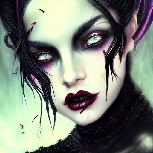 Prompt: cool and bored looking succubus, portrait of a lady demon all dressed in black, beautiful face and eyes, ram horns on her head, close look, highly detailed, cel shaded, cinematic shot, trending on artstation, blurry background, high quality, detailed and chaotic background, brush strokes all over, by tom bagshaw and jama jurabaev