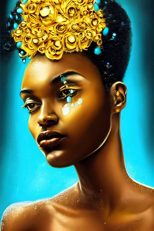Prompt: hyperrealistic post - futurist cinematic very expressive! profile black oshun goddess, in water!! up to shoulders, mirror dripping droplet!, gold flowers, highly detailed face, digital art masterpiece, smooth eric zener cam de leon, dynamic pearlescent turquoise light, low angle uhd 8 k, sharp focus