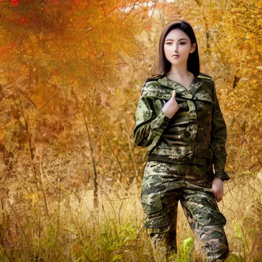 Image similar to attractive woman wearing military outfit and camouflage cinematic photoshoot high quality highly affordable photo realistic 8 k hd