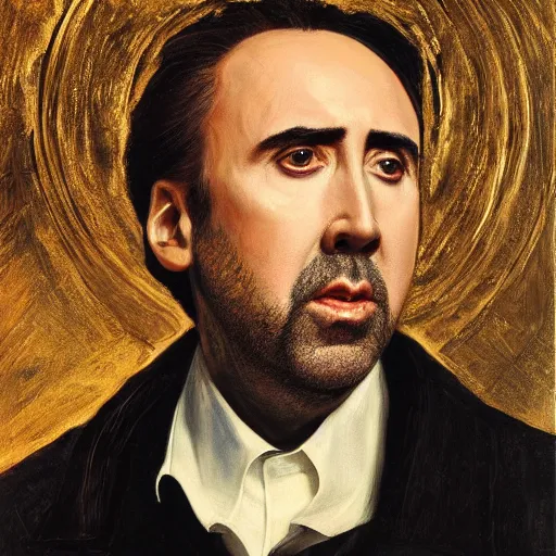 Prompt: Nicolas Cage in a black coat, religious masterpiece portrait, oil on canvas, golden hour, in the world of Andrew Wyeth and Bloodborne, artstation, by J. C. Leyendecker and Peter Paul Rubens,