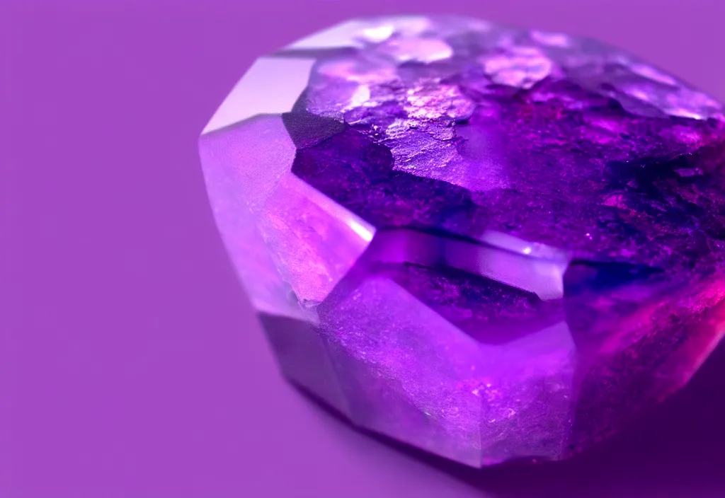 Prompt: raw purple gemstone rendering, photorealistic, bright backround, photography, artstation