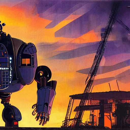 Prompt: a fullmetal wired robot is reading the forbidden intimate diary of sophia aeon, the background is the purple sunset over the gasometer in santiago of chile, oil on canvas by dave mckean and yoji shinkawa