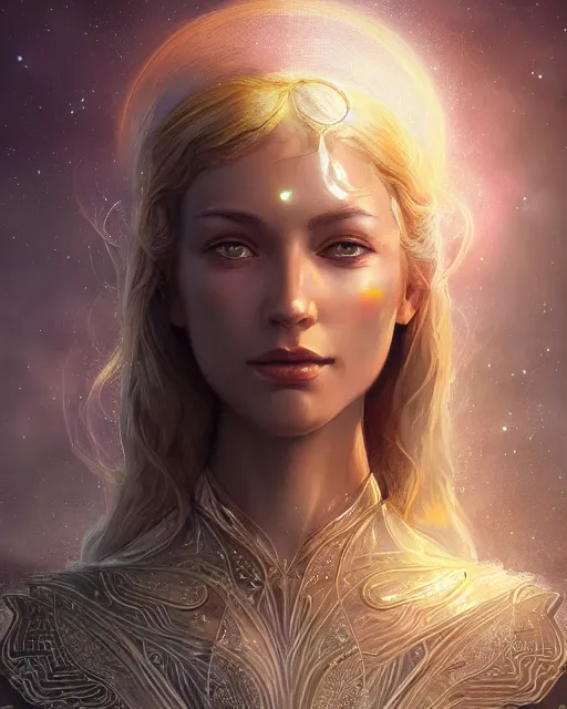 Prompt: close up portrait of a beautiful pleiadian starseed, fantasy, intricate, elegant, highly detailed, digital painting, artstation, concept art, smooth, sharp focus, illustration, by artgerm and greg rutkowski