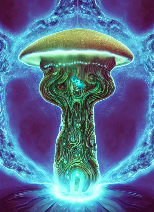 Image similar to enormous mushroom deity of the stars resides inside void manifold, mycelium forms quantum foam, fractal of scary dirac equations, portrait by ross tran, timeline nexus, ascending universes, a dnd illustration of esoteric concept by cgsociety and james gurney, artstation, hdr, rtx, iridescent wise mushroom deity