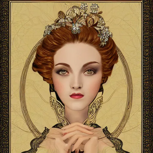 Image similar to beatifull frontal portrait of a woman, intricate, elegant, highly detailed, ornate, elegant , luxury, illustration, art nouveau style