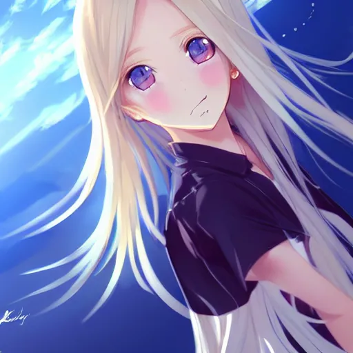 Image similar to a very beautiful anime cute girl, full body, long wavy blond hair, sky blue eyes, full round face, short smile, fancy top, miniskirt, front view, medium shot, mid-shot, highly detailed, cinematic wallpaper by Stanley Artgerm Lau