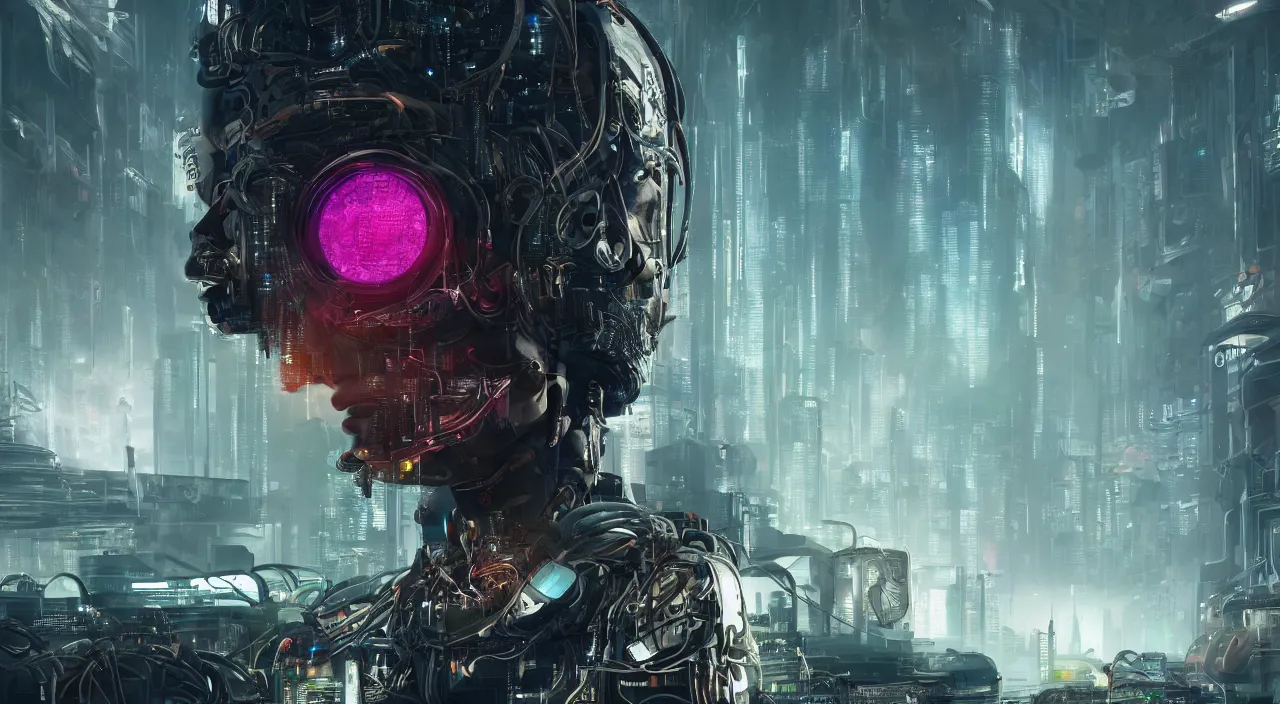 Image similar to portrait of a biophilic cyborg with psychedelic eyes, in background cyberpunk landscape, ultra realistic, concept art, intricate details, highly detailed, photorealistic, octane render, 8 k