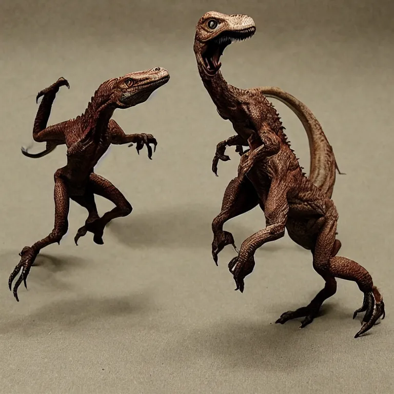 Prompt: a velociraptor jumping on a d & d barbarian