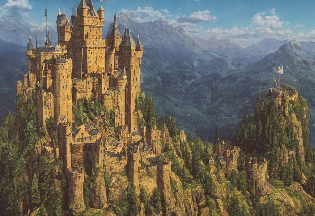 Prompt: enormous medieval castle on top of a tall narrow mountain, photorealistic, high detail, kodak portra 4 0 0