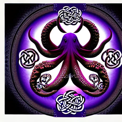 Image similar to a dramatic and beautiful digital matte painting of large realistic octopus with legs made of fractal celtic knots, trending on cgartist, hi-fructose, mandala, string wall art, ultra detailed 8k