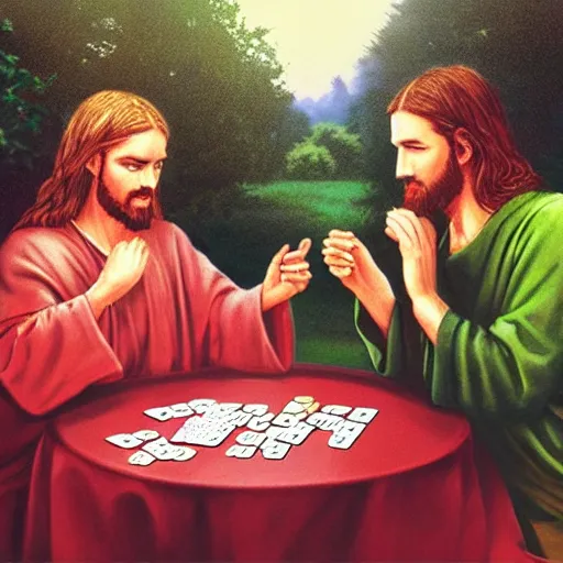 Image similar to Jesus and Satan playing cards in a garden, photorealistic, award winning, 8k, trending on major art outlets,