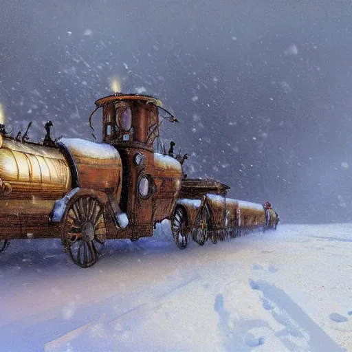 Image similar to Digital Art of a 1914 russian walking steam machine in the snow, Rozalski, trending on artstation