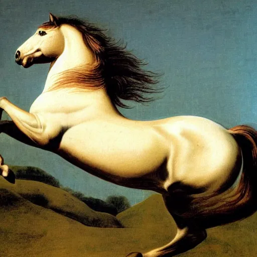 Prompt: a jumping wild stallion, by george-stubbs