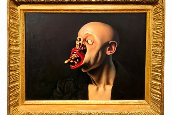 Image similar to oil painting with black background by christian rex van dali todd schorr of a chiaroscuro portrait of an extremely bizarre disturbing mutated man with acne intense chiaroscuro obscuring features lighting perfect composition masterpiece