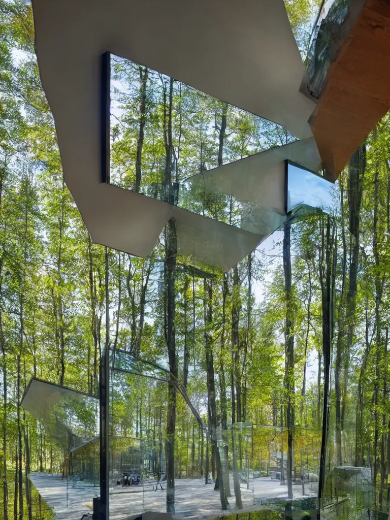 Prompt: modern glass architecture integrated with the nature and open to the woods, enviromental art, big mirror doors open to the forest, integrated, colorful, creative photography, photorealistic