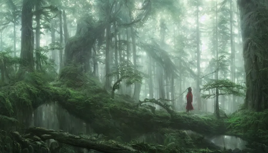 Image similar to beautiful ancient forest, matte painting, beautifully painted, beautiful lighting, enchanted forest, jeremy lipking, studio ghibli, princess mononoke, 8 k, rays of light, amazing detail, princess mononoke background paintings