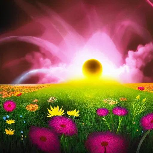 Image similar to a nuclear explosion with flowers, hyper detailed, depth of field, backlight, Super HD.