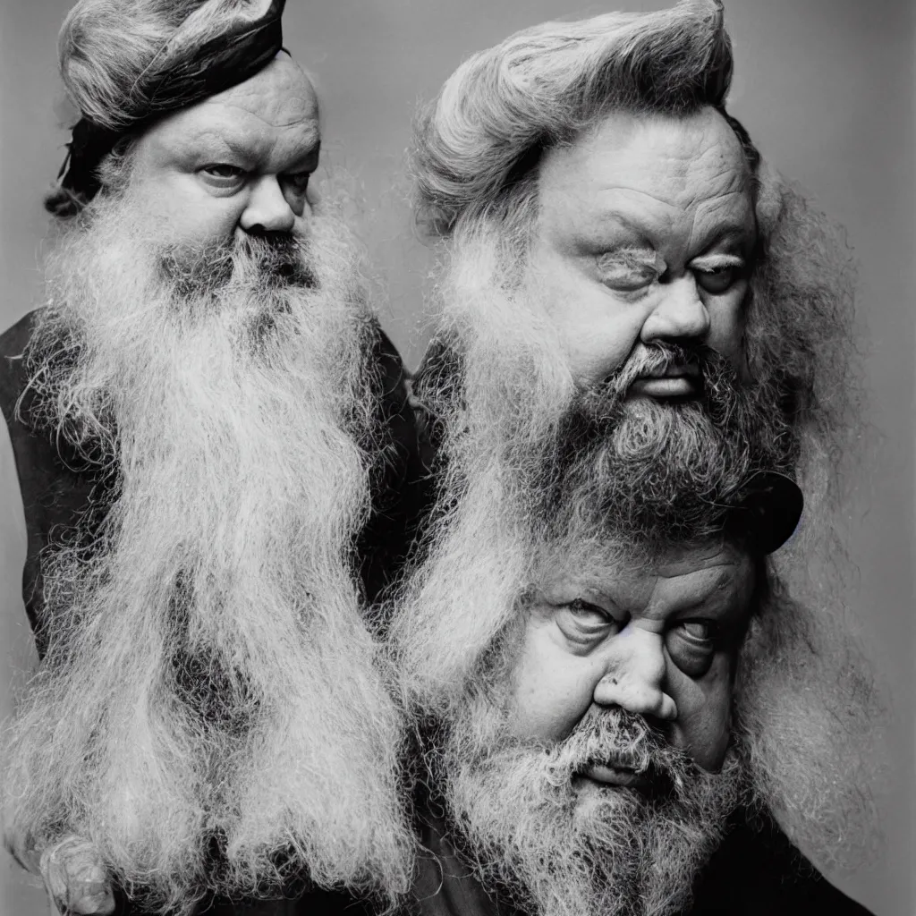 Image similar to An Alec Soth portrait photo of Orson Welles as Falstaff, he is wearing several horse-hair wigs, color photo