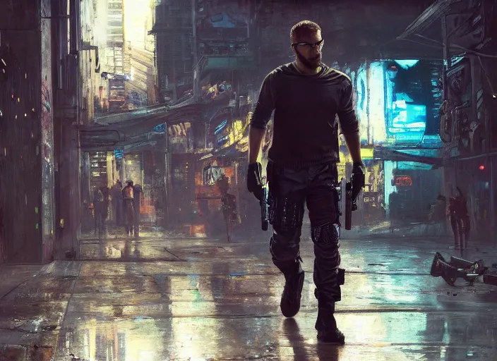 Image similar to cyberpunk sam fisher knocking out a guard ( blade runner 2 0 4 9, dystopian, cyberpunk 2 0 7 7 character design ). orientalist portrait by john william waterhouse and james gurney and theodore ralli and nasreddine dinet, oil on canvas. cinematic, hyper realism, realistic proportions, dramatic lighting, high detail 4 k