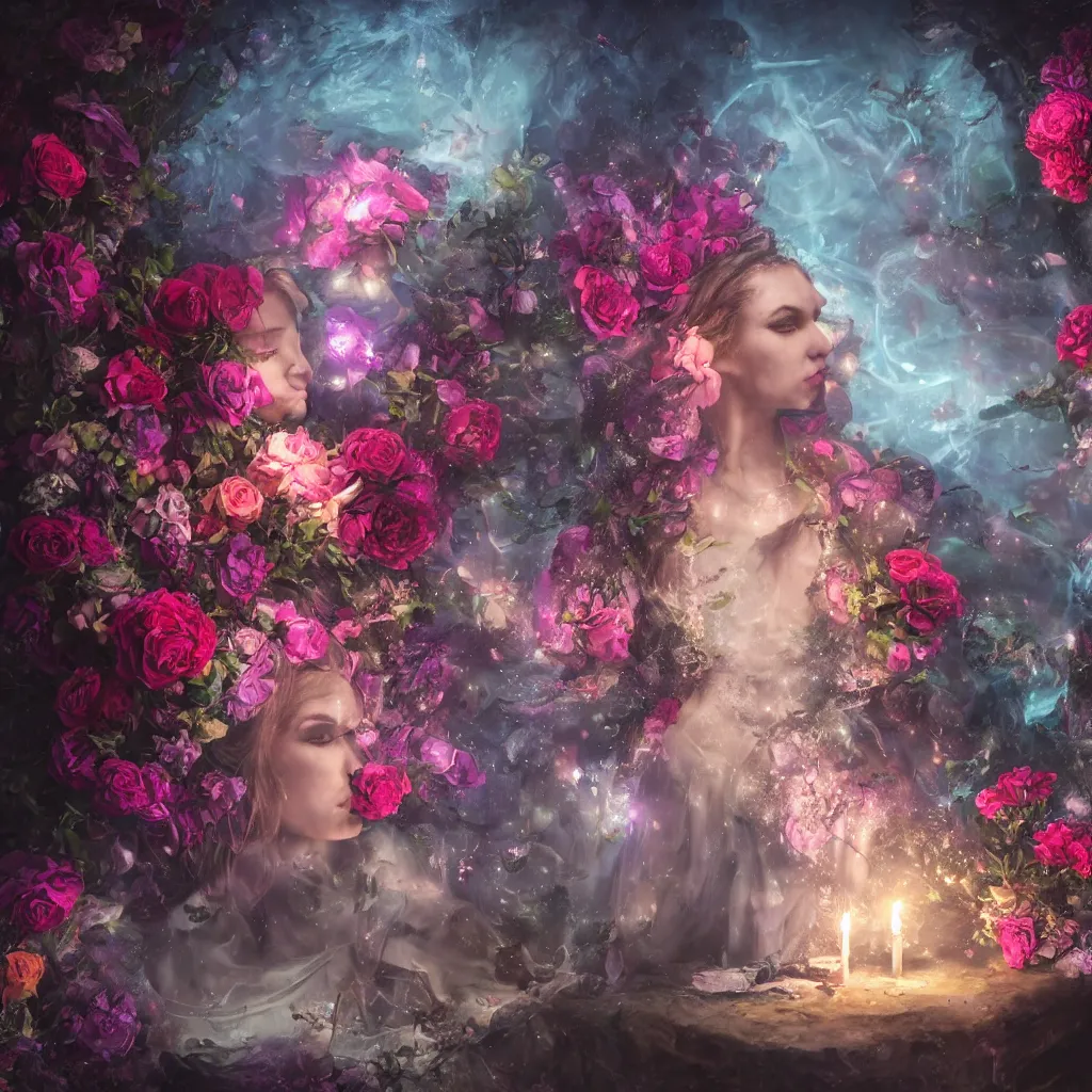 Image similar to oil painting, rich deep colors masterpiece, gray, pink, ultra detailed, beautiful fantasy cave scene, contrast, firefly lights, neon drops and water jets, rocks, redheaded flower girl and dress made of fresh flowers, roses, lilies, volumetric light, neon signs, atmospheric lighting, dramatic, cinematic, steampunk, moody, octane render 4 k, 8 k