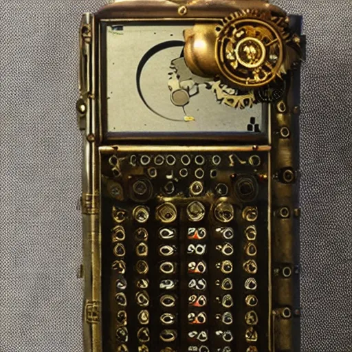 Image similar to an extremely complex and advanced steampunk cellphone from the 1920s