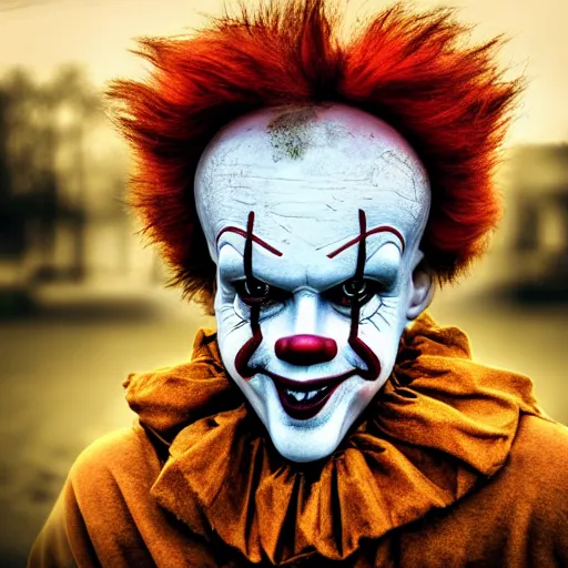 Prompt: Homeless portrait of Pennywise in scrappy clothing, HD, award winning photograph