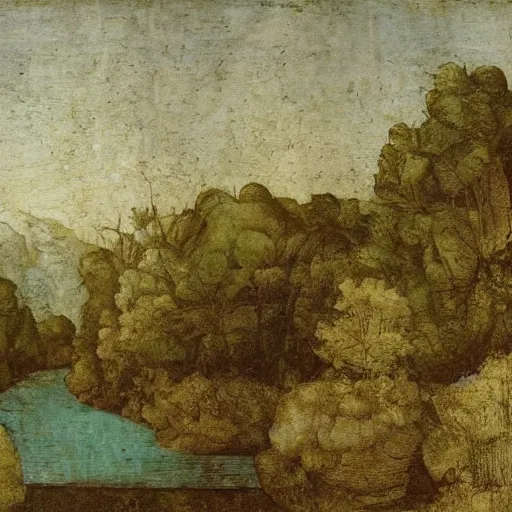 Prompt: a beautiful landscape, river, rocks, trees, by leonardo davinci