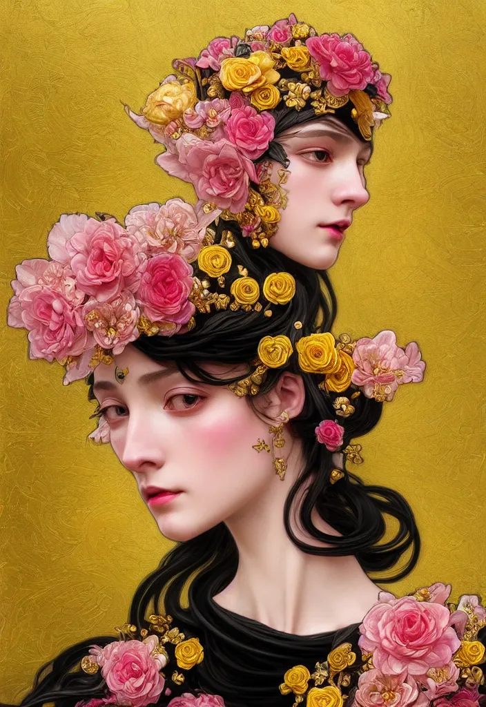 Image similar to beautiful black pink yellow, complicated gold and pink flowers in baroque style headwears, dark fantasy, intricate, elegant, highly detailed, digital painting, artstation, concept art, matte, 3 d 8 k octane rendered, sharp focus, illustration, octane rendered, art by artgerm and alphonse mucha, leesha hannigan