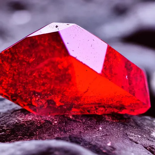 Image similar to a deep red, glowing, elongated crystal on a rock, film grain