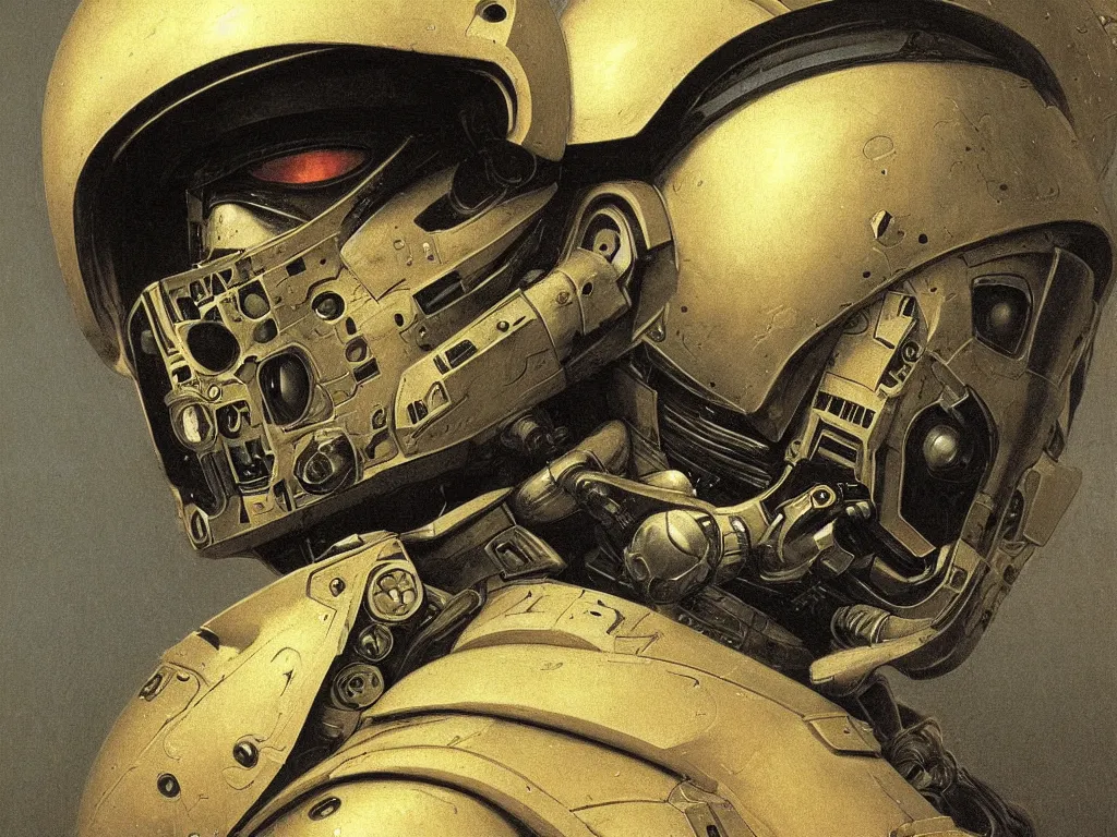 Image similar to a detailed close up portrait painting of a bounty hunter in combat armour and visor. cinematic sci-fi. Flight suit, accurate anatomy. portrait symmetrical and science fiction theme with lightning, aurora. lighting. clouds and stars. Futurism by beksinski carl spitzweg moebius and tuomas korpi. baroque elements. baroque element. intricate artwork by caravaggio. Oil painting. Trending on artstation. 8k