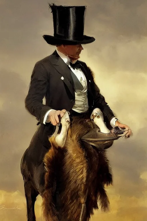 Image similar to portrait of a respectable dignified royal business elite politician wearing a top hat and coat tails riding on an ostrich, art by anders zorn, wonderful masterpiece by greg rutkowski, beautiful cinematic light, american romanticism by greg manchess, jessica rossier