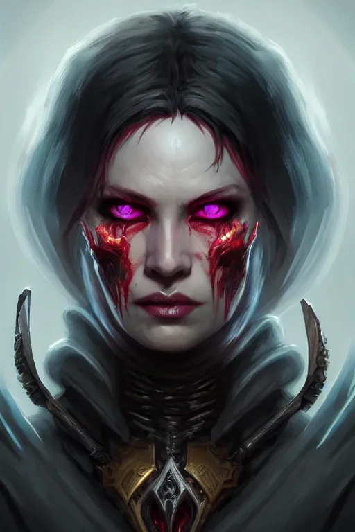 Prompt: evil necromancer, d & d, fantasy, portrait, highly detailed, headshot, digital painting, trending on artstation, concept art, sharp focus, illustration, art by artgerm and greg rutkowski and magali villeneuve