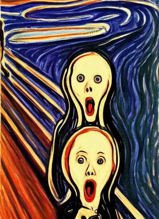 Prompt: oil painting of The Scream !!taking a seflie!! with an iPhone!! by Edvard Munch