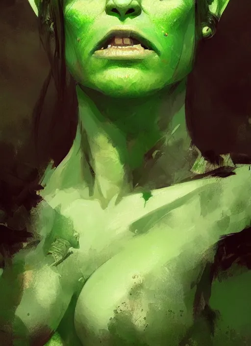 Image similar to green orc female, light green tone beautiful face, by greg rutkowski, by jeremy mann, digital painting