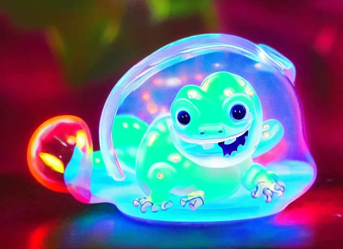 Prompt: photo of a translucent clear chibi style baby dinosaur with symmetrical head and eyes, made out of clear plastic, but has red hypercolor glowing electric energy inside its body, and electricity flowing around the body. in the forest. electric bubbles and electric red clear glass hearts, fantasy magic style. highly detailed. intricate design by pixar