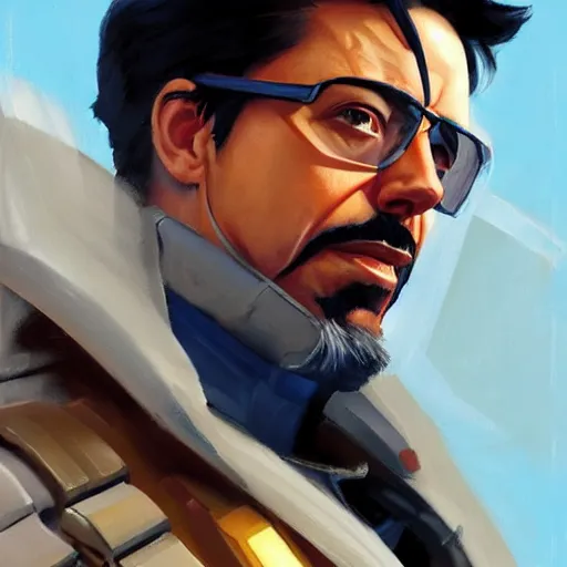 Image similar to greg manchess portrait painting of tony stark as overwatch character, totally whack, medium shot, asymmetrical, profile picture, organic painting, sunny day, matte painting, bold shapes, hard edges, street art, trending on artstation, by huang guangjian and gil elvgren and sachin teng