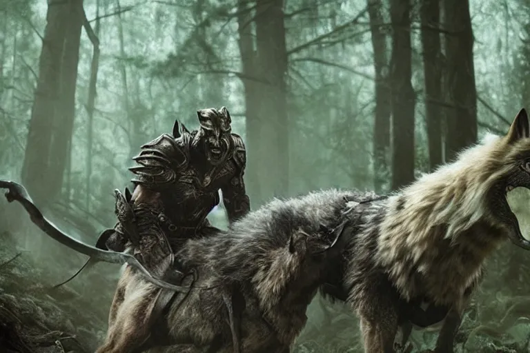 Image similar to vfx movie closeup detailed ancient armored warrior orc hunting riding large wolf in the forest, natural lighting by emmanuel lubezki