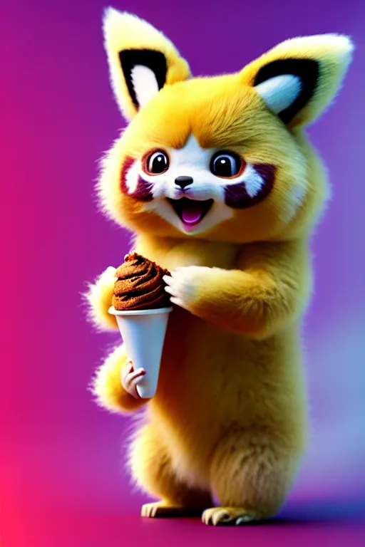 Prompt: high quality 3 d render hyperrealist very cute pastel fluffy! red panda & tarsier hybrid eating giant ice cream, vray smooth, in the style of detective pikachu, charlie immer, very dramatic light, low angle, uhd 8 k, shallow depth or field