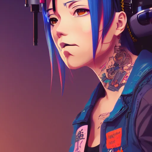 Image similar to portrait of a cyberpunk tattooed barmaid, anime, artstation, anime style, elegant, highly detailed, digital painting, concept art, smooth, sharp focus, illustration, art by studio ghibli, fujita goro, atey ghailan, tom whalen, jean giraud 8 k