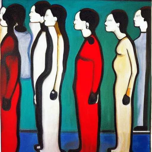 Prompt: A beautiful painting of a group of people standing in a line. They are all facing the same direction and appear to be waiting for something. Gucci, electric color, quartz by Piet Mondrian