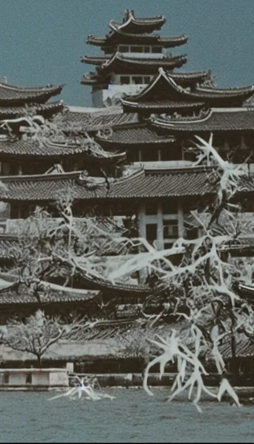 Prompt: a film still of a north korean monster movie, kaiju - eiga monster starfish - like over traditional korean palace, film noir, video compression, ripple effect