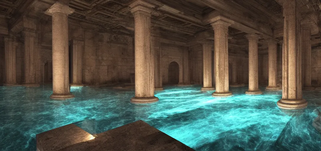 Image similar to dramatic photo of underground roman interior, ambient occlusion, glowing pool of water with realistic light refraction, caustics, making the pillars glow, ancient marble statues, raytracing, unreal engine, dramatic lighting, detailed,, global illumination, god rays, 3 d artstation by greg rutowski and jessica rossier