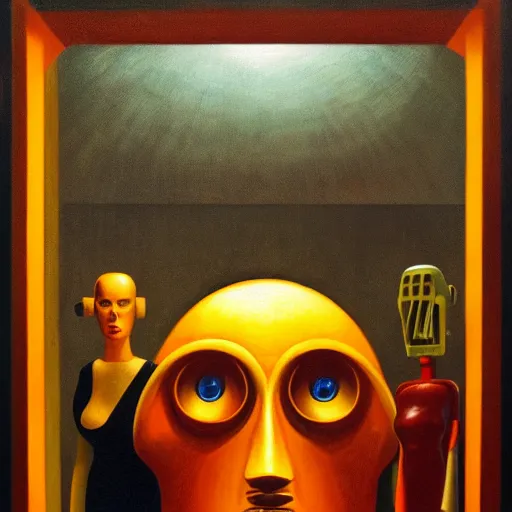 Image similar to three brutalist robotic idols with glowing eyes, inside a dome, pj crook, grant wood, edward hopper, syd mead, chiaroscuro, oil on canvas