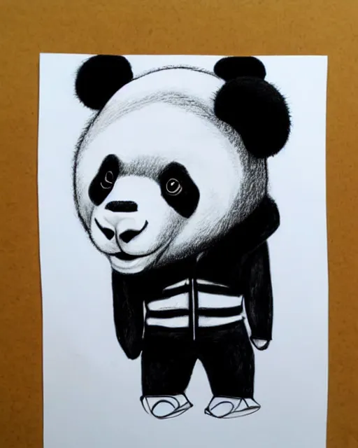 Image similar to a pencil drawing of an anthropomorphic panda wearing a hoodie on his head. head shot, by Pen Tacular