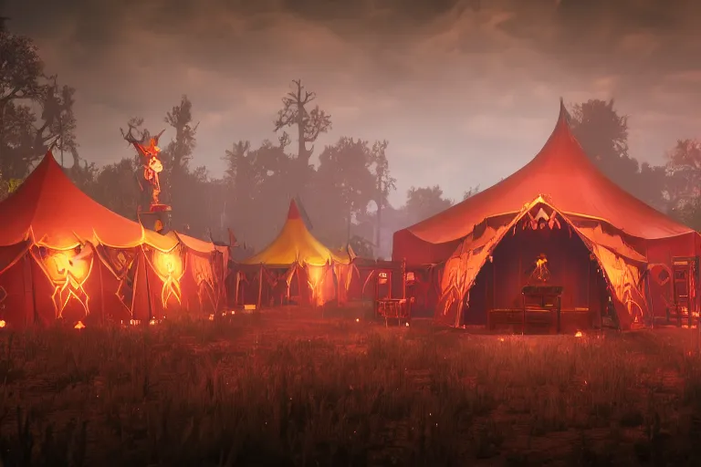 Image similar to render of a dark fantasy gothic circus tent, artstaton, League of Legends, red dead redemption2, overwatch, digital illustration