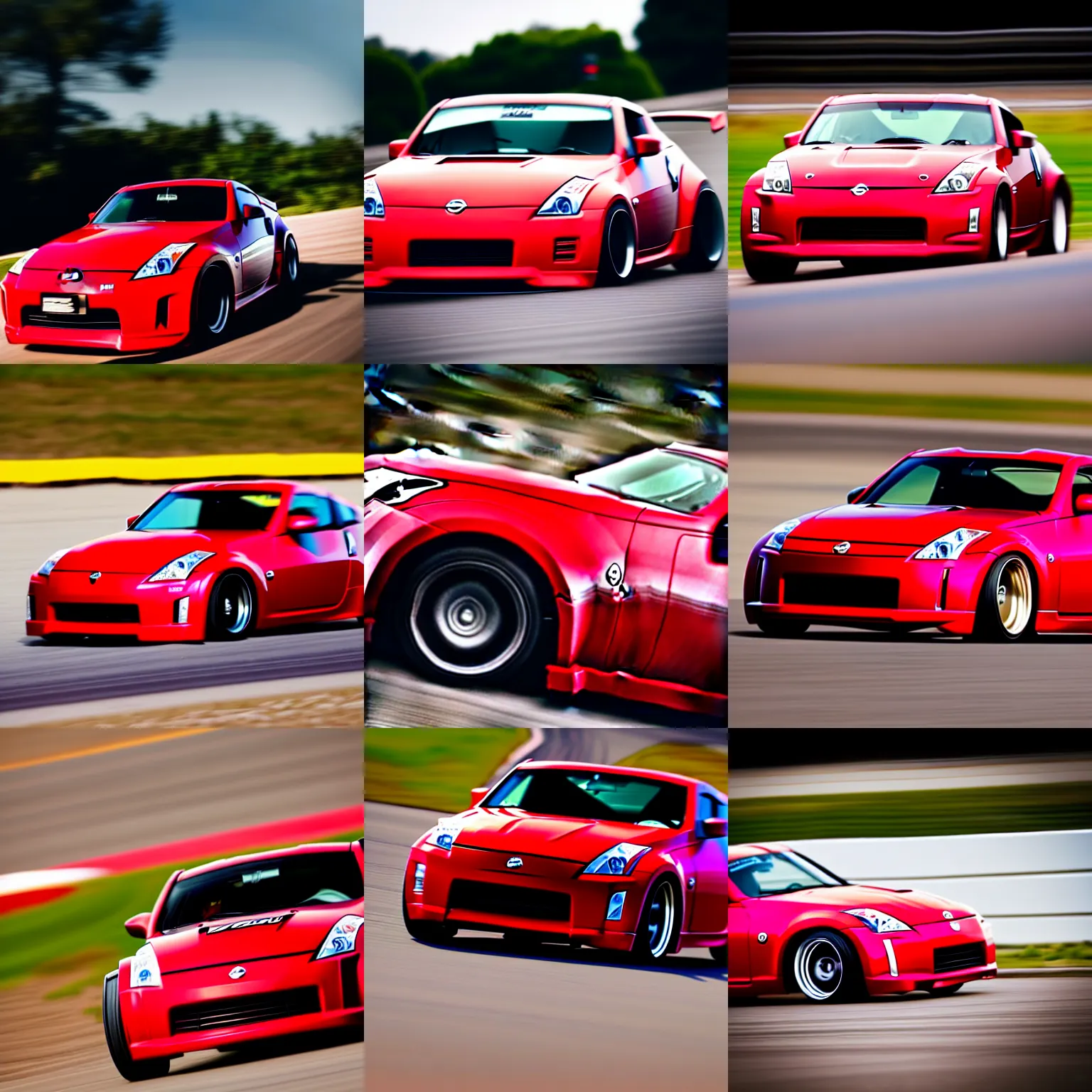 Prompt: front close up action shot of a red drifting nissan 3 5 0 z with a carbon fibre hood, the car is drifting with the wheels turned, car photography, motion blur, 2 0 0 mm lens