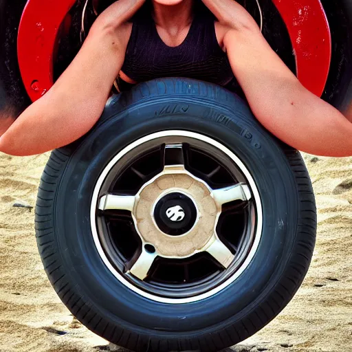 Image similar to car, bodybuilder, woman, holding, photo, digital art, hands, underbody, throw, tire, standing, sand